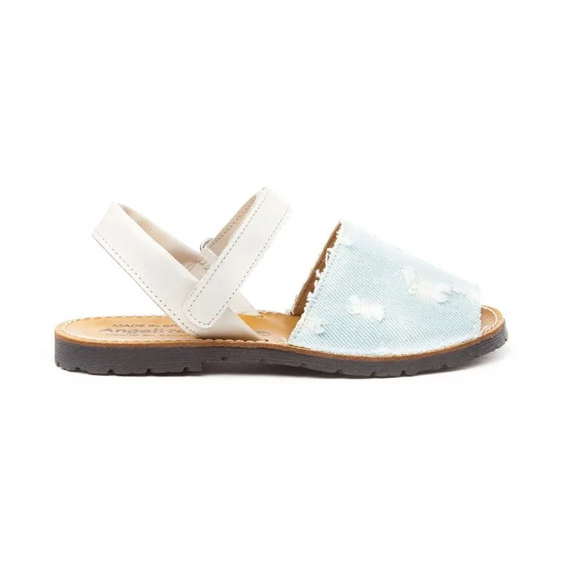 Abarcas Menorquinas Niña Tela Vaquera Y Piel Velcro 212 Beige, de Angelitos
