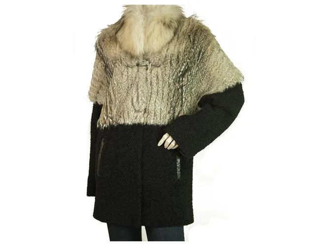 Autre Marque Chaqueta Abrigo Jo Peters Piel Beige Piel Lana Negra Talla S, magnífico Negro 