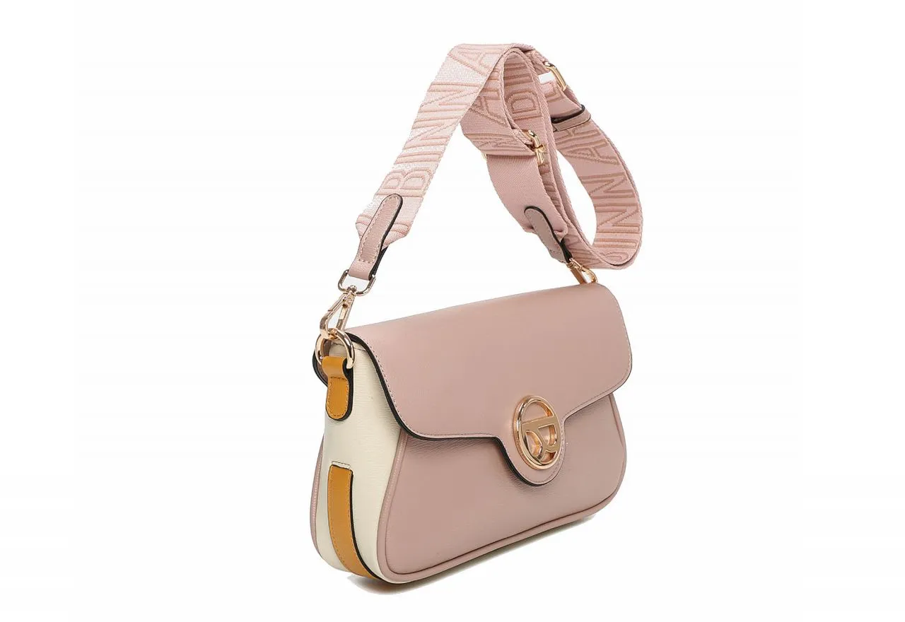 Bolso Alargado Rosa Tapa Logo Metal Oro Lados Hielo/mostaza