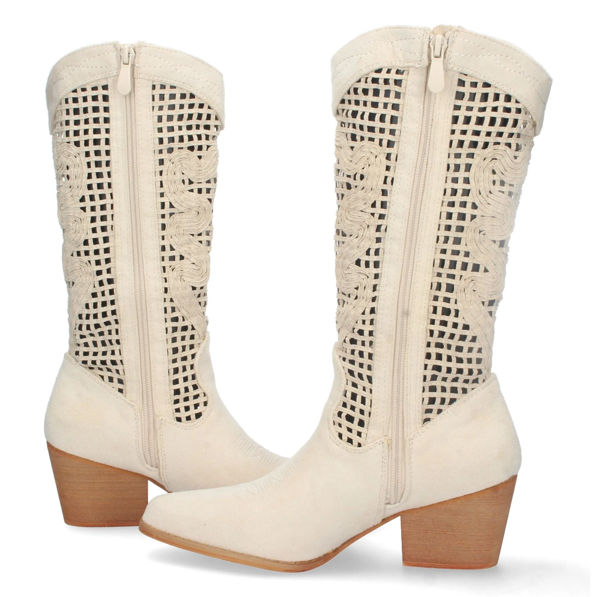 Botas altas tacon campero calados en caña beige