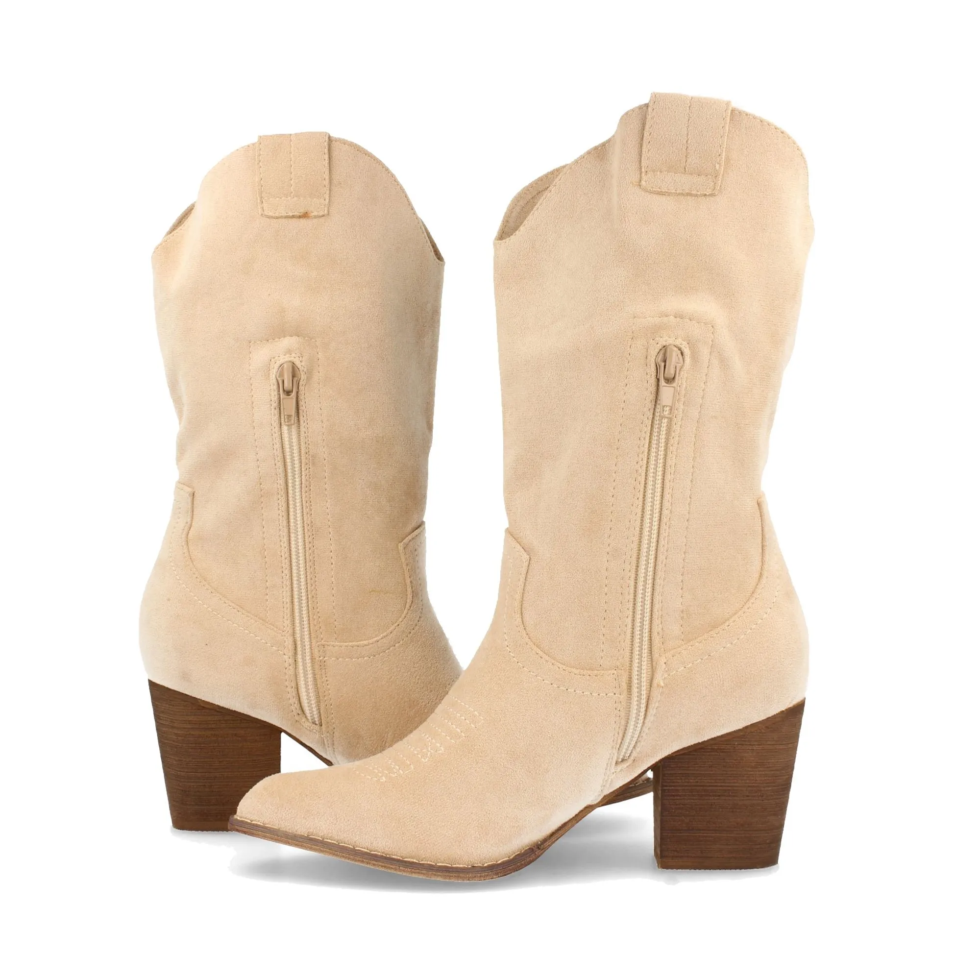 Botas camperas de tacon ancho mujer color beige