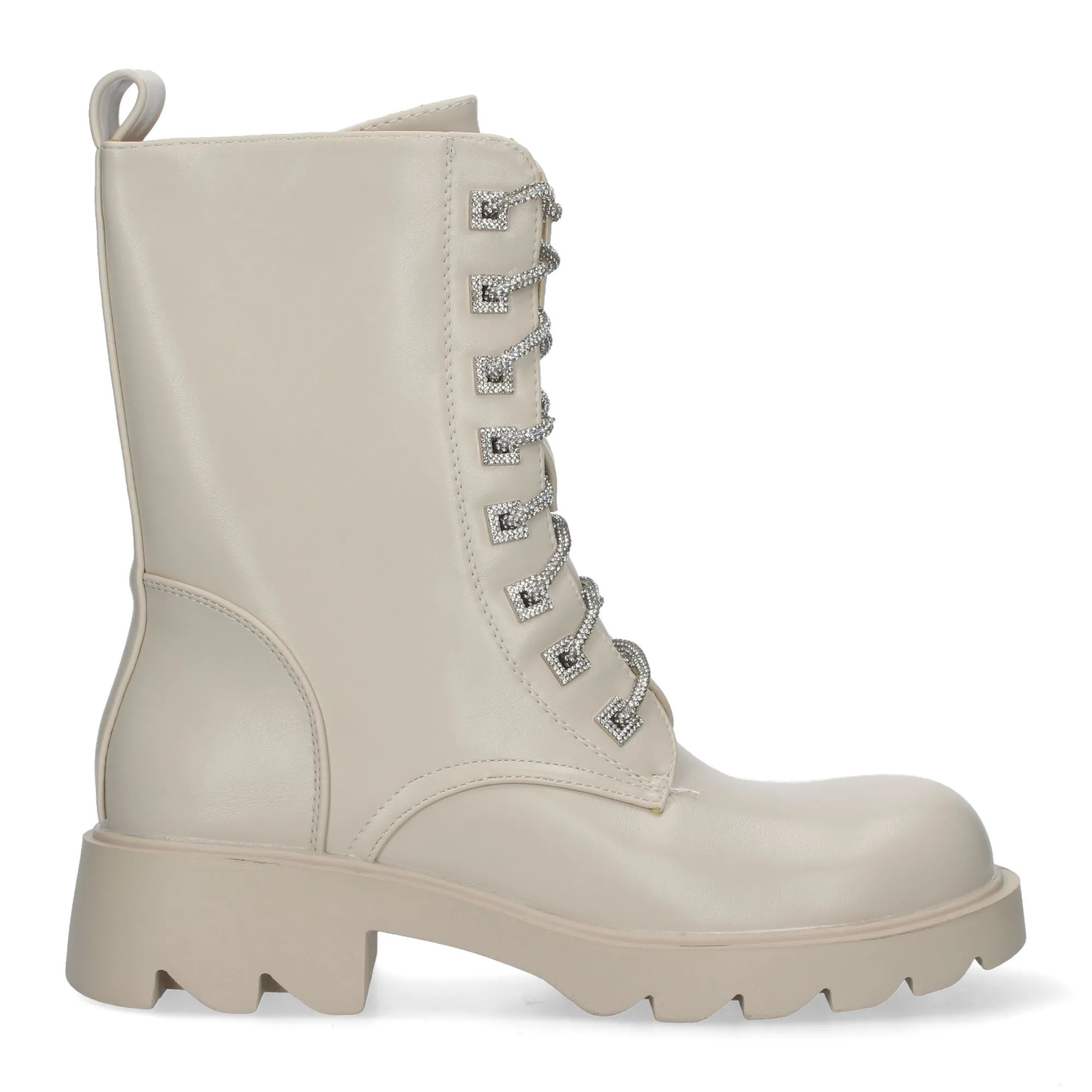Botas militares suela track cordones strass y cremallera mujer color beige