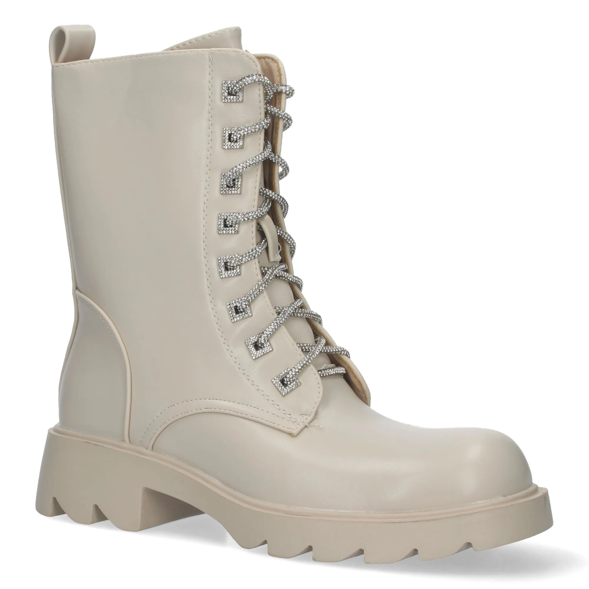 Botas militares suela track cordones strass y cremallera mujer color beige