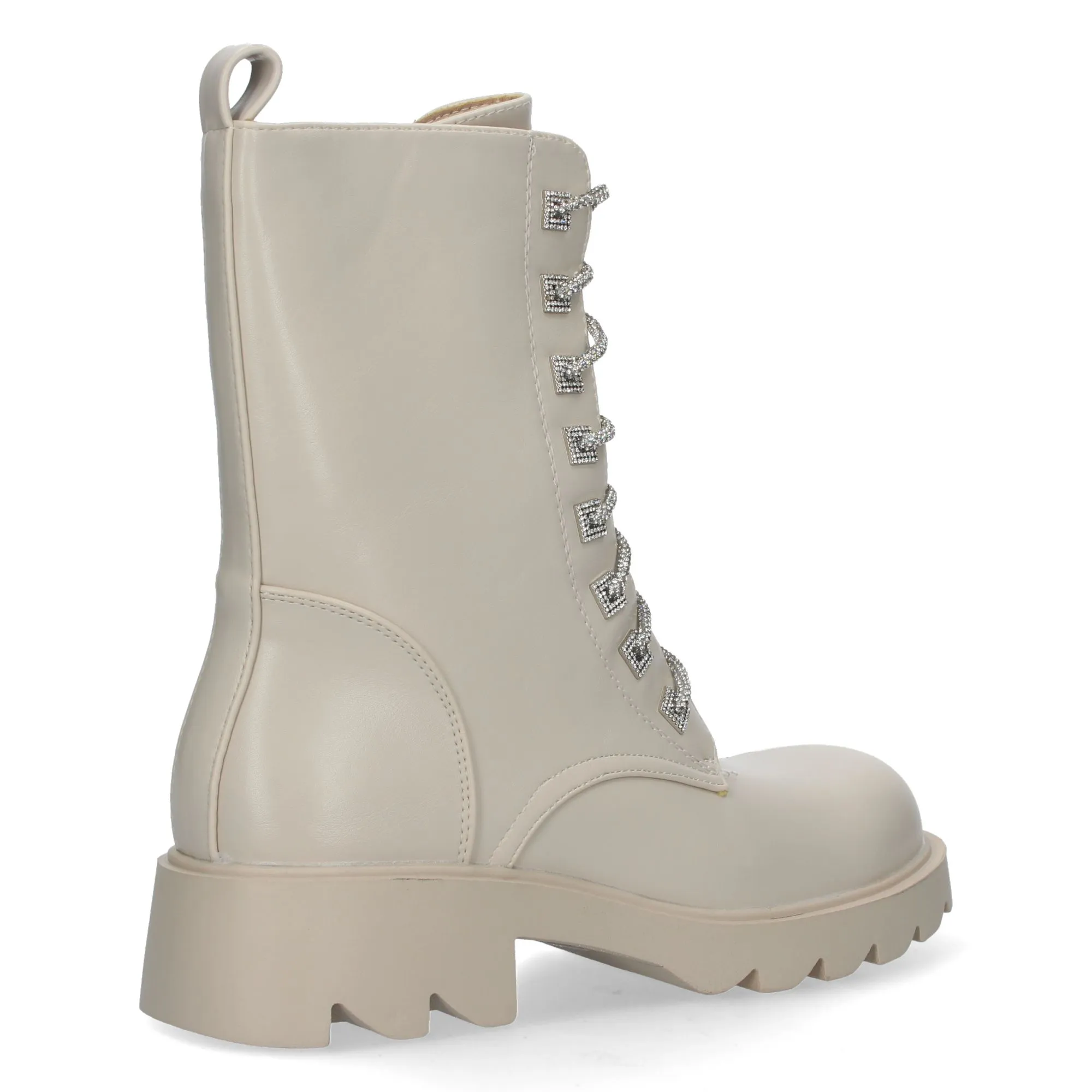 Botas militares suela track cordones strass y cremallera mujer color beige