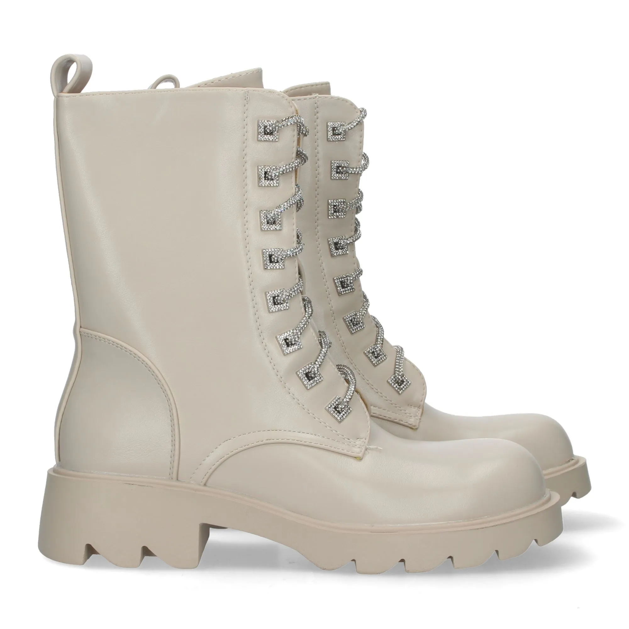 Botas militares suela track cordones strass y cremallera mujer color beige