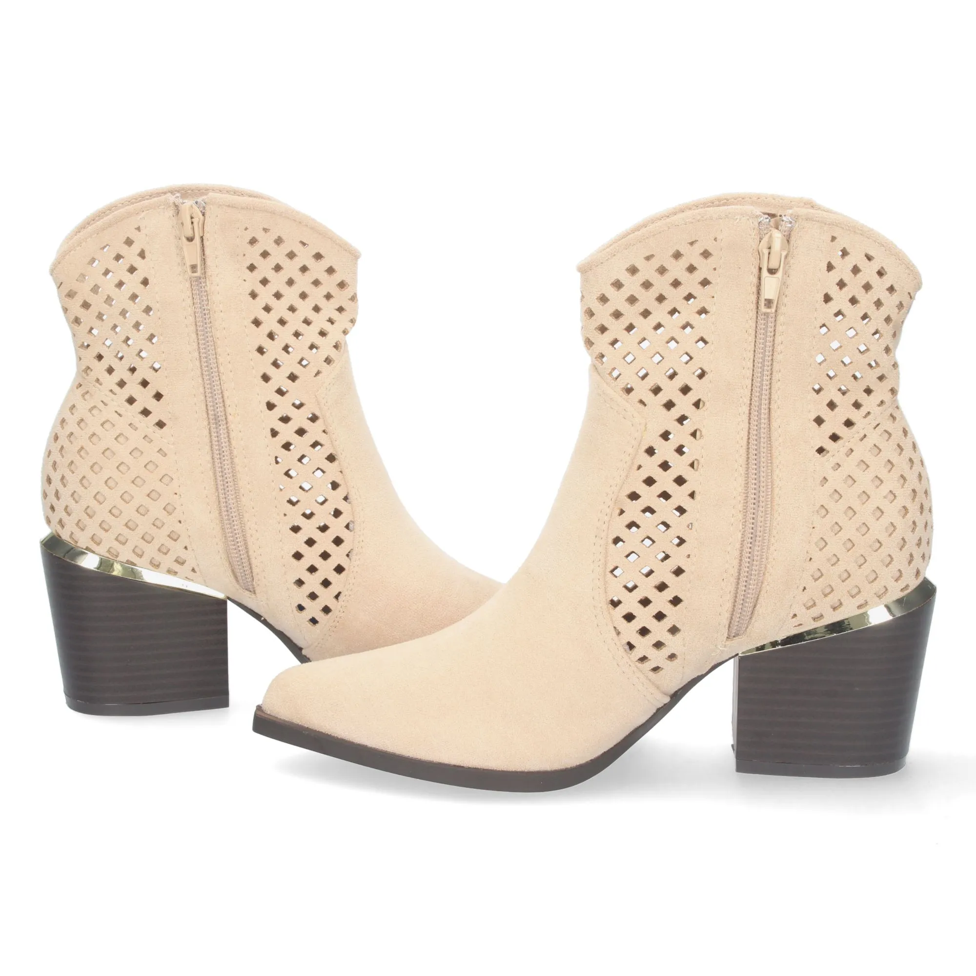 Botines estilo cowboy con calados y cremallera mujer color beige