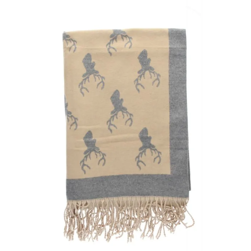 Bufanda reversible con estampado de ciervo camel/gris