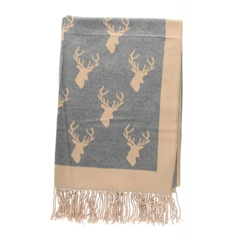 Bufanda reversible con estampado de ciervo camel/gris