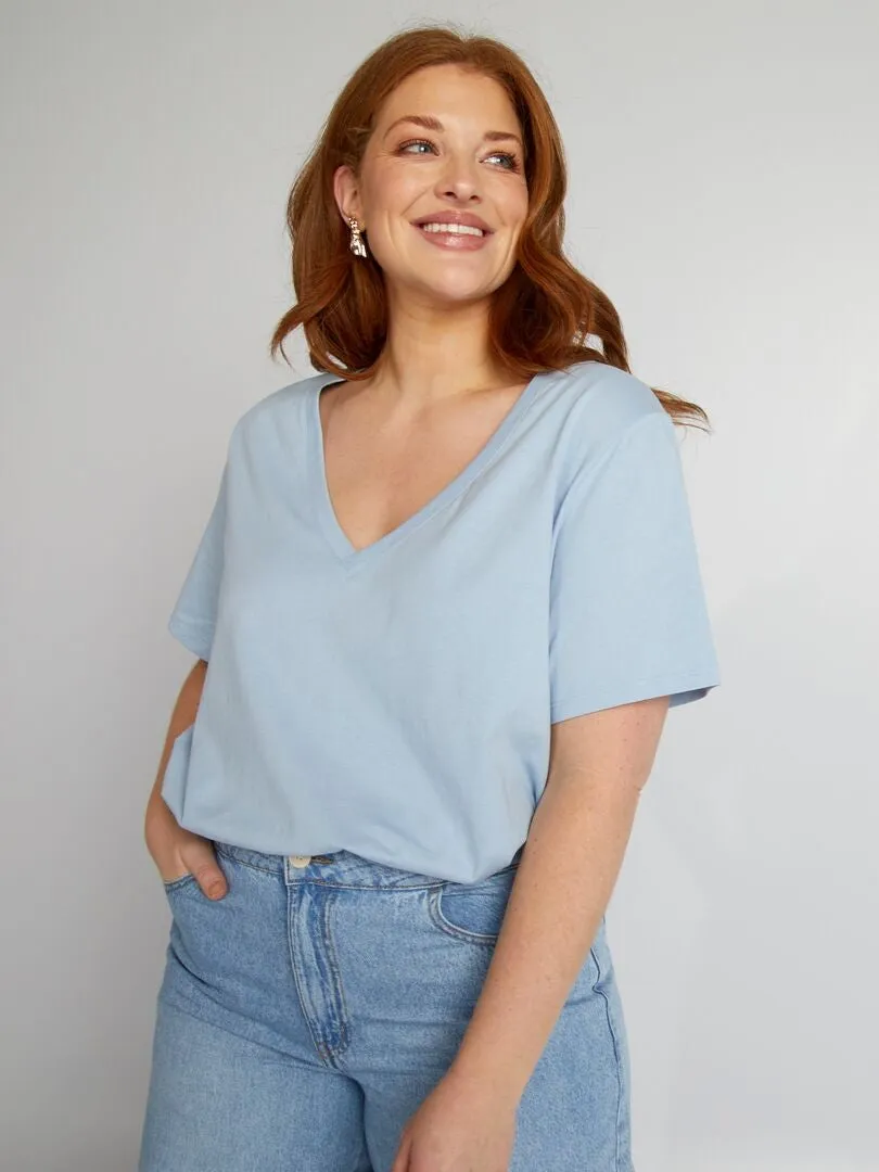 CAMISETA DE PUNTO CON CUELLO DE PICO  AZUL