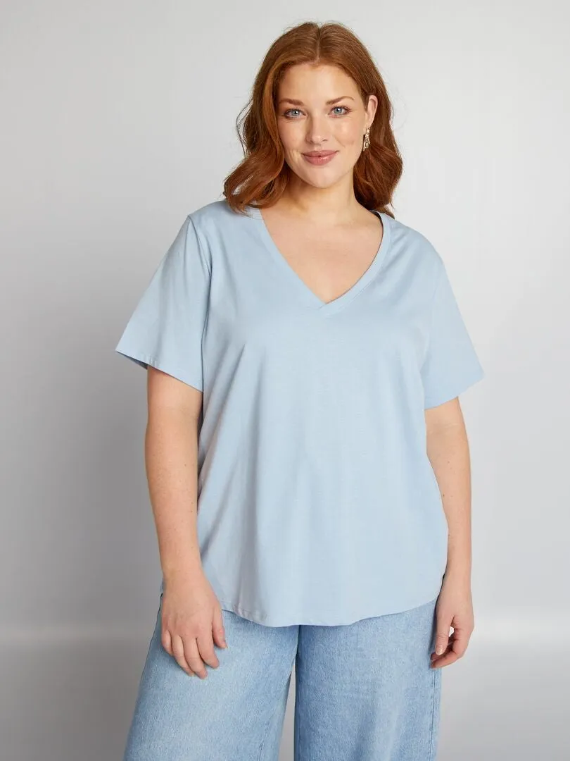 CAMISETA DE PUNTO CON CUELLO DE PICO  AZUL