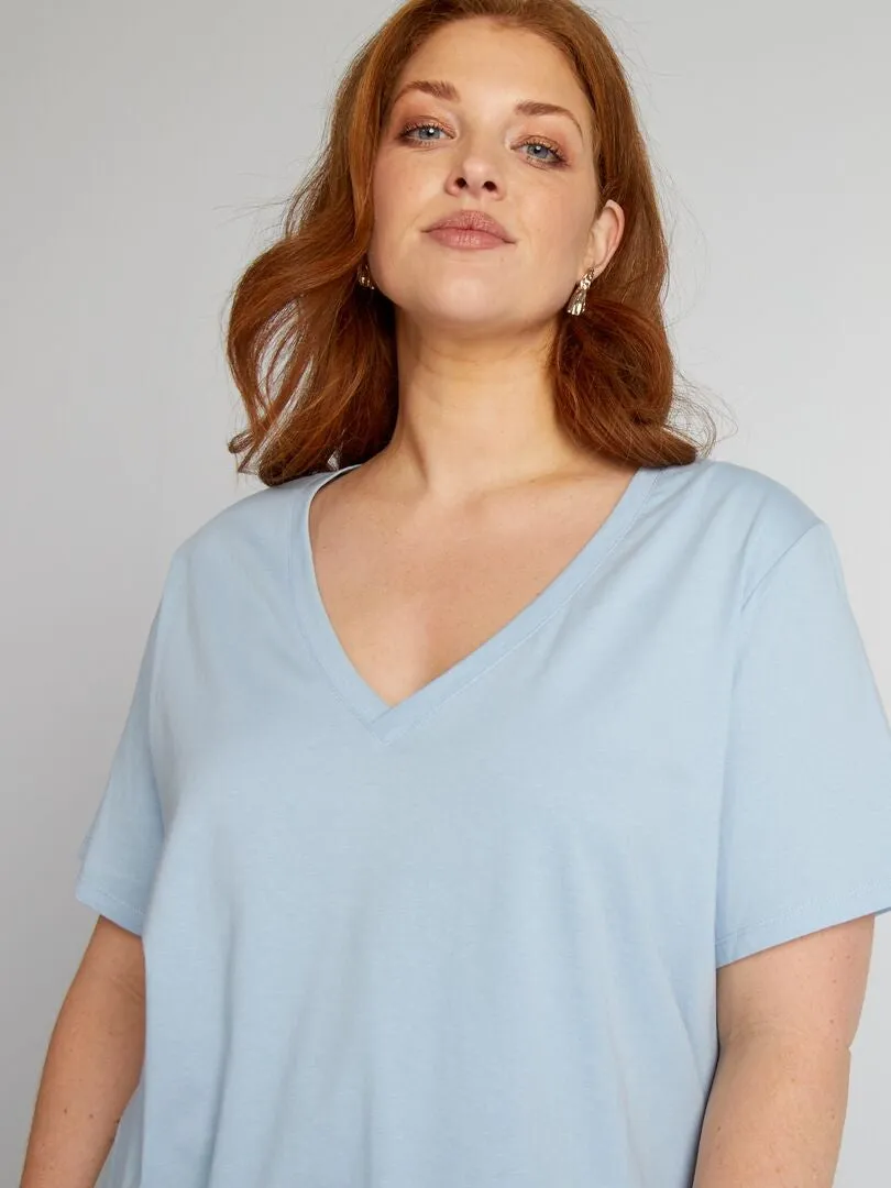 CAMISETA DE PUNTO CON CUELLO DE PICO  AZUL