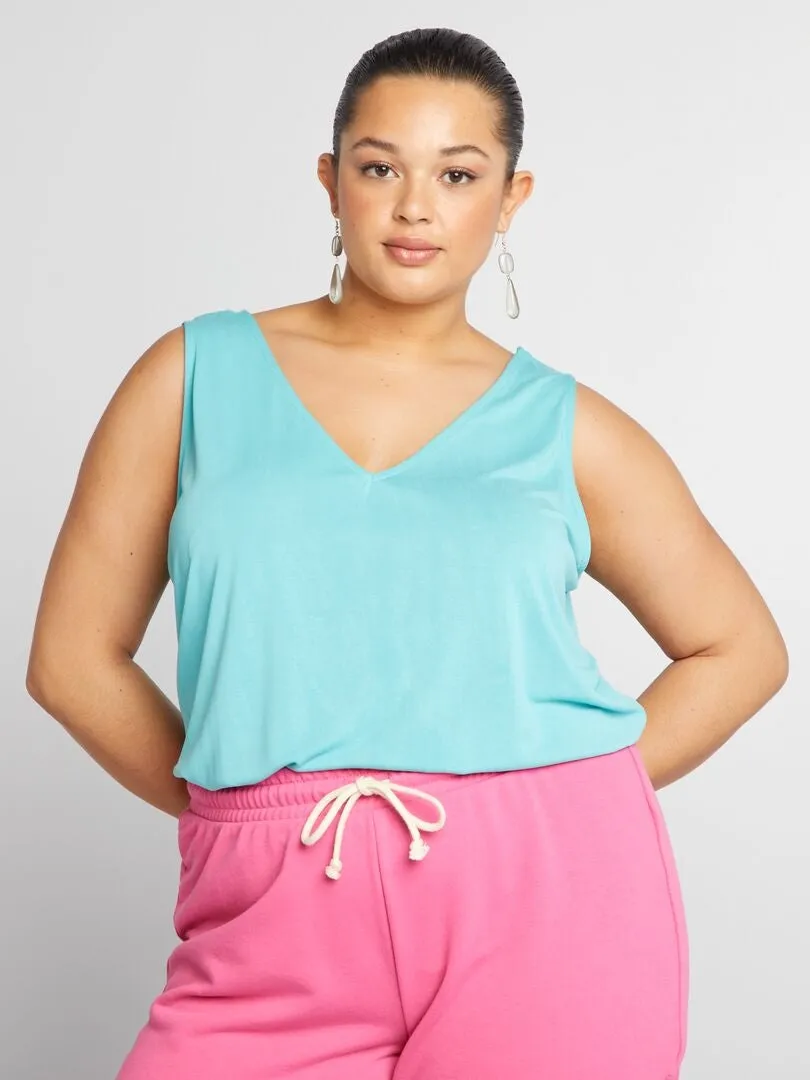 CAMISETA SIN MANGAS CON CUELLO DE PICO SUAVE Y ELáSTICA  AZUL