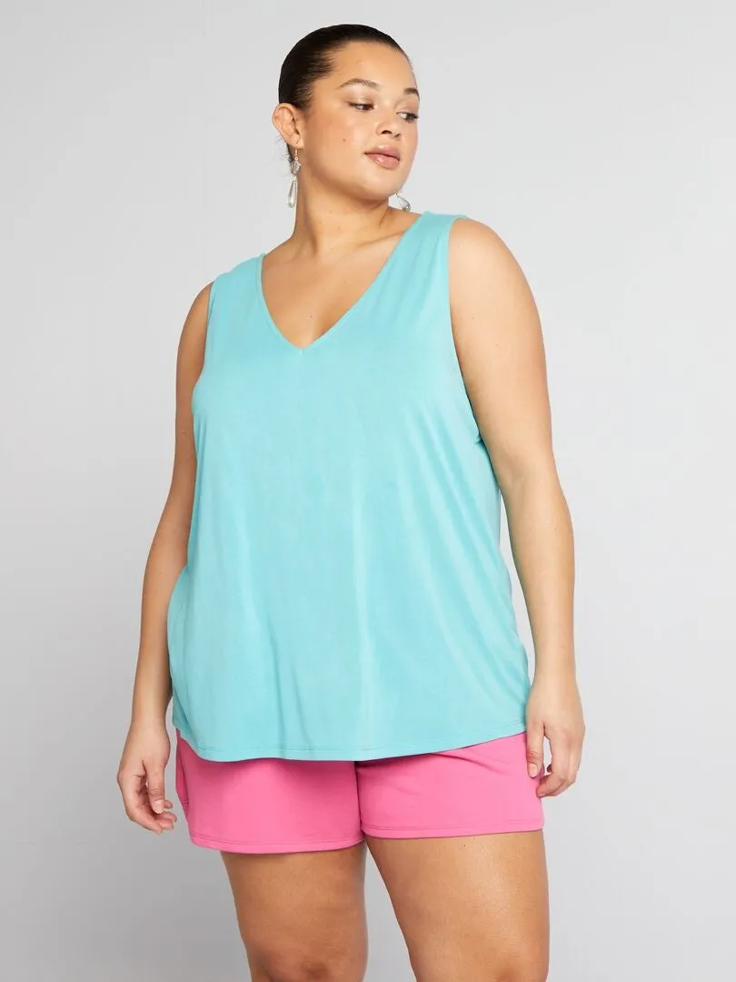CAMISETA SIN MANGAS CON CUELLO DE PICO SUAVE Y ELáSTICA  AZUL