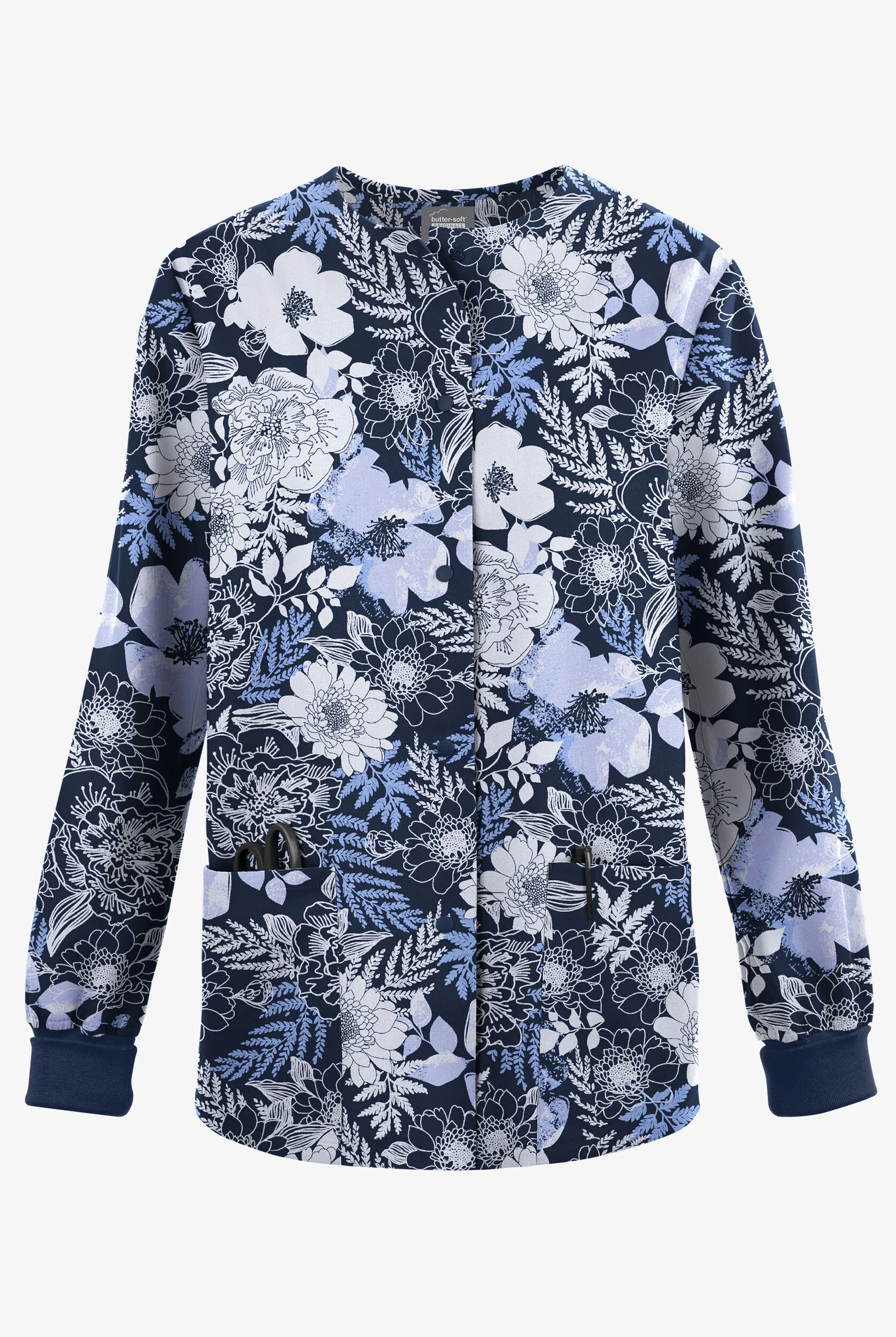 CHAQUETA M&EACUTE;DICA ESTAMPADA BUTTERSOFT ORIGINALS DREAMY GARDEN NAVY CON 3 BOLSILLOS PARA MUJER