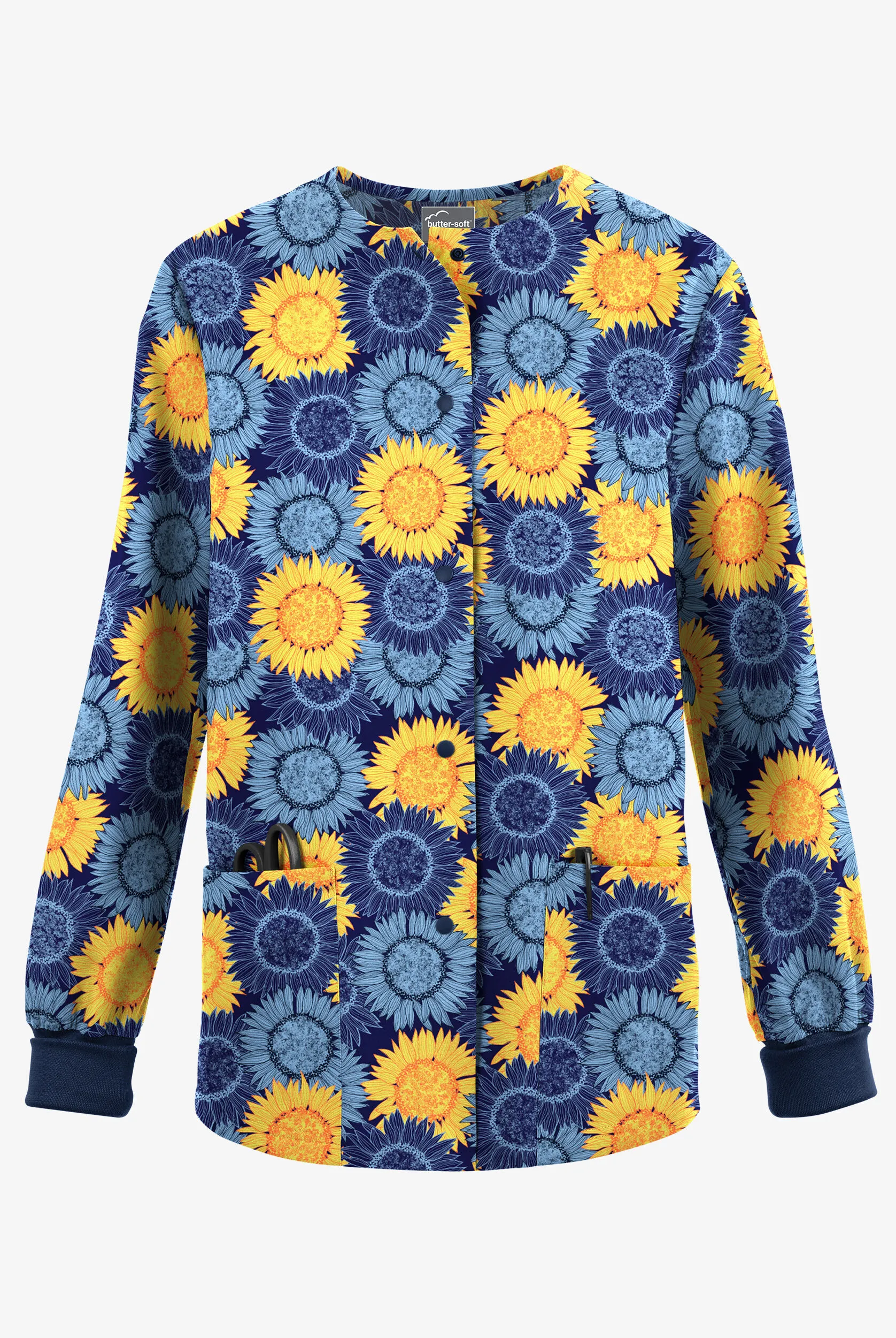 CHAQUETA M&EACUTE;DICA ESTAMPADA BUTTERSOFT ORIGINALS SUNFLOWER FIELD NAVY CON 3 BOLSILLOS PARA MUJER