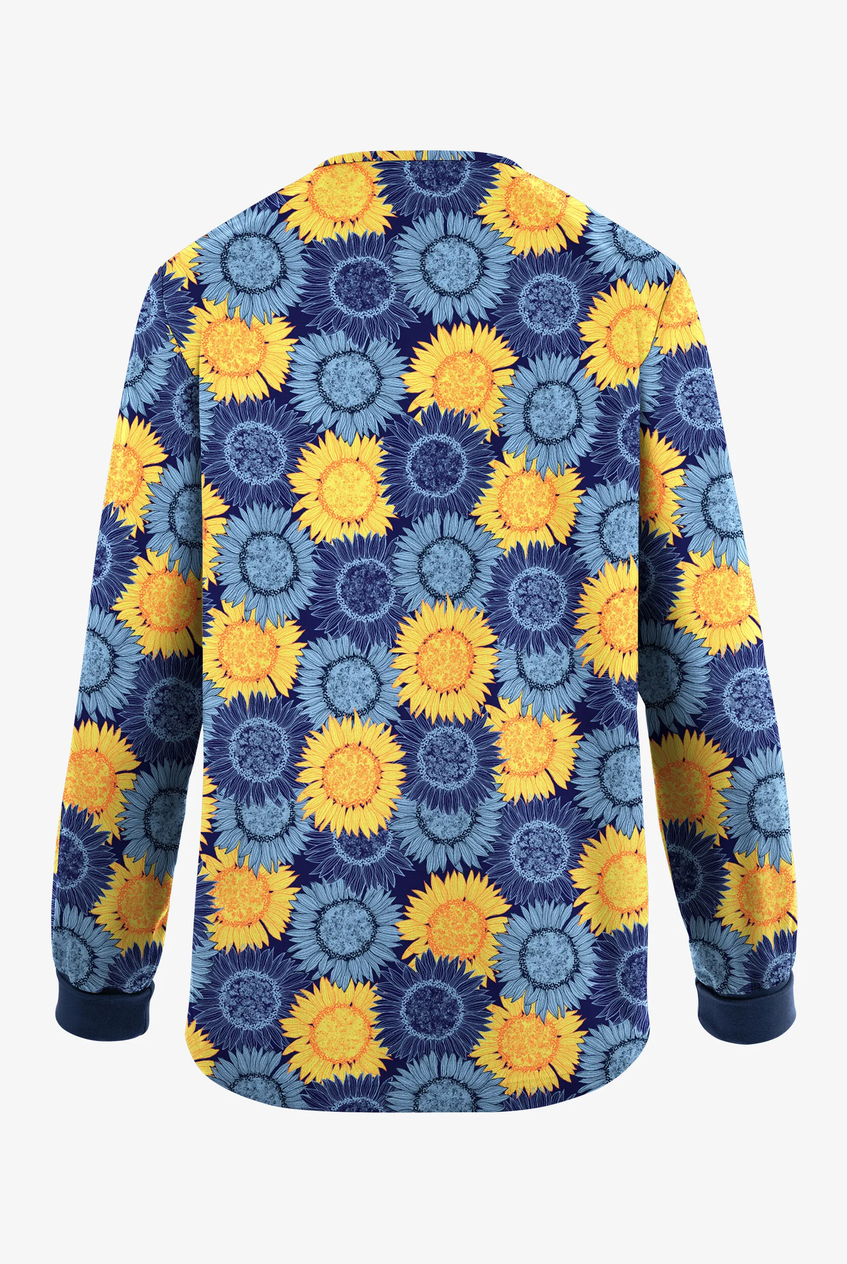 CHAQUETA M&EACUTE;DICA ESTAMPADA BUTTERSOFT ORIGINALS SUNFLOWER FIELD NAVY CON 3 BOLSILLOS PARA MUJER