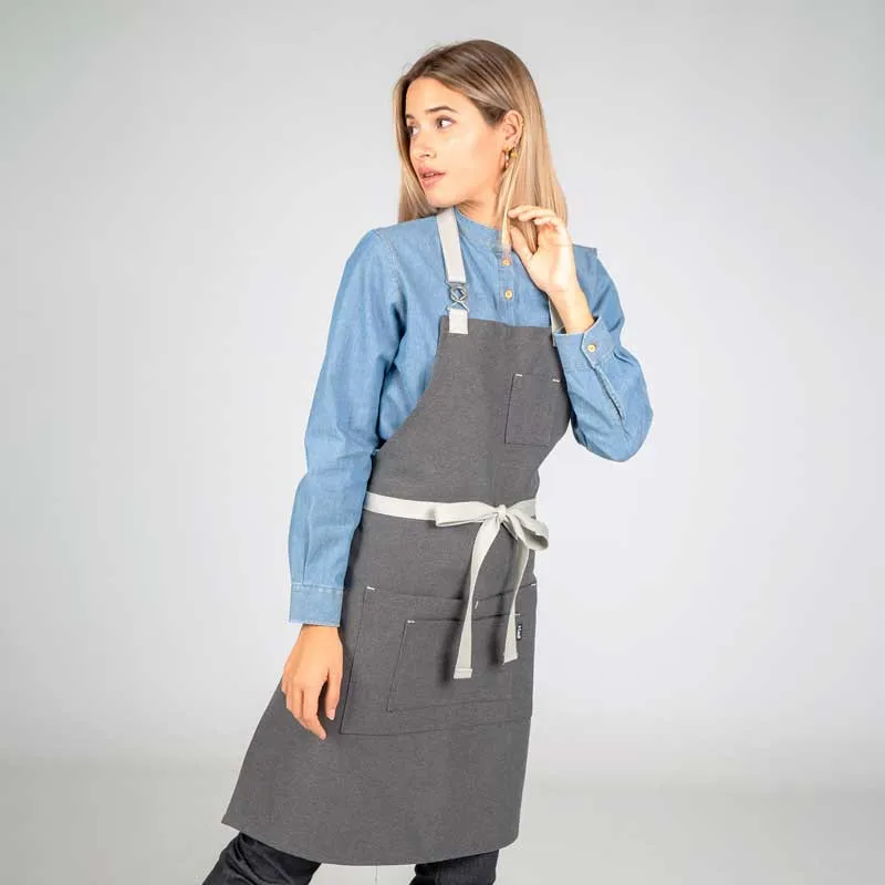 DELANTAL TEJIDO CHENILLA GRIS MARENGO CON PETO HEBILLA ENLAZADA  GARY'S