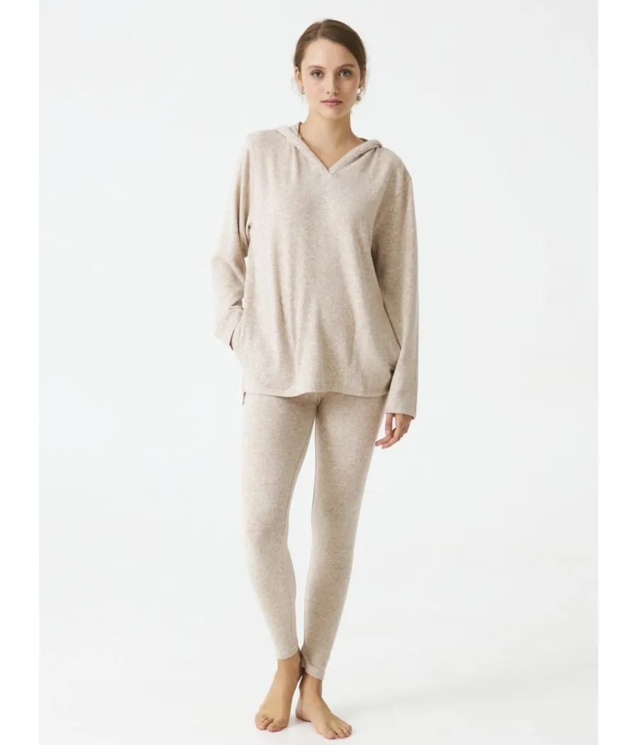 Homewear Legging mujer invierno J&J Brothers beige punto bolsillos capucha