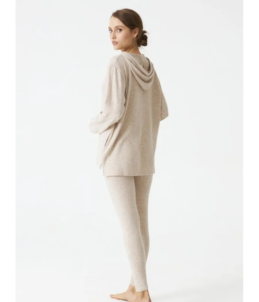 Homewear Legging mujer invierno J&J Brothers beige punto bolsillos capucha