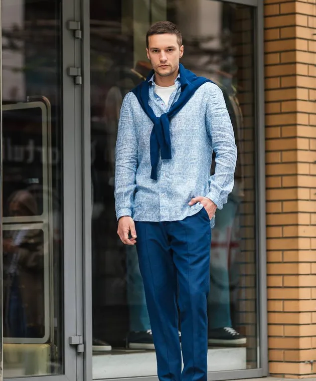 ISAIA Blue shirt made of linen in a print