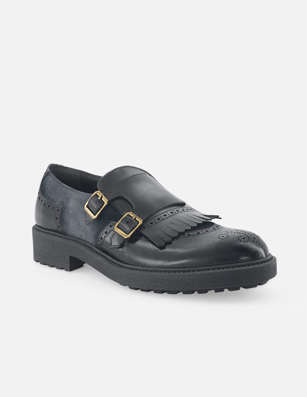 Monk en piel y ante color gris con sombreados en aerogrado y picado maria para hombre.