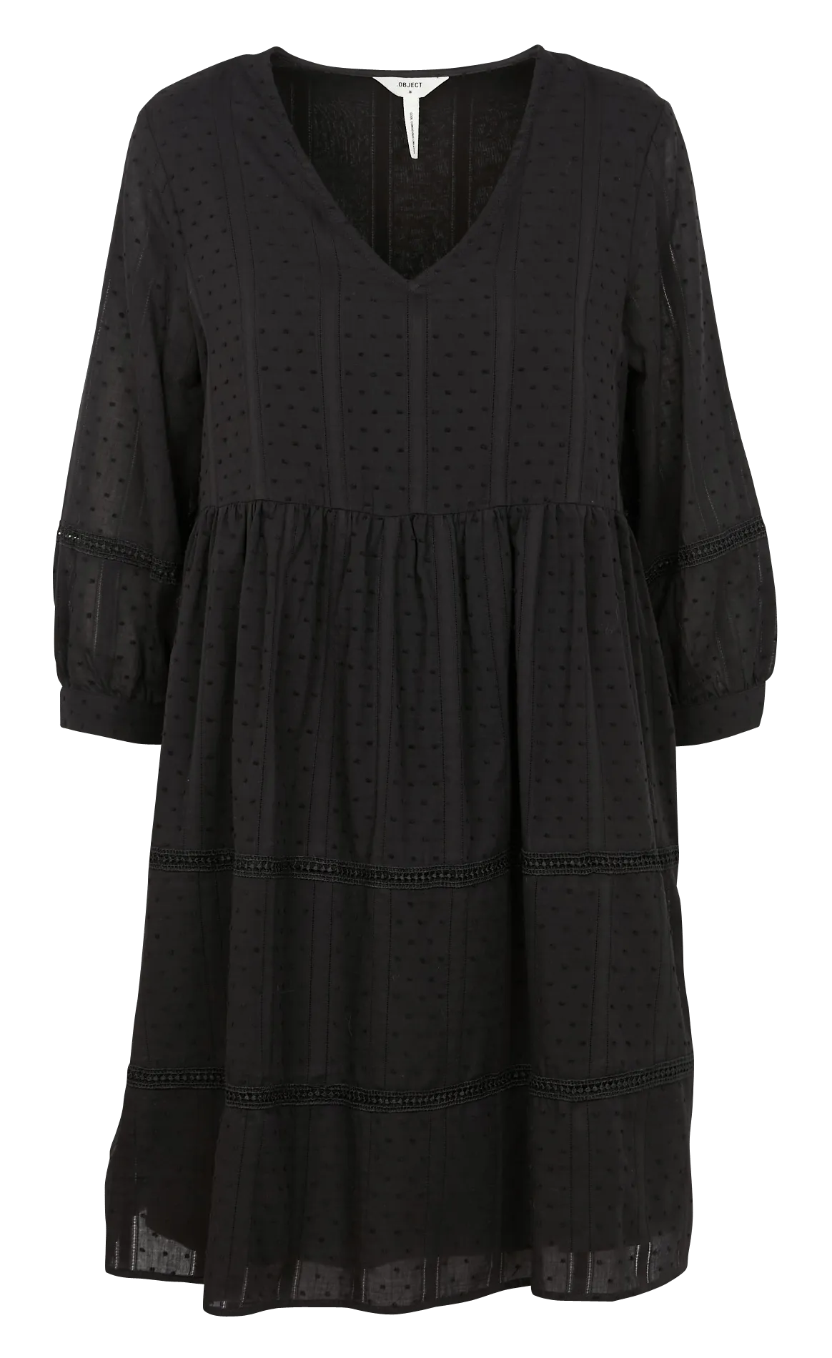 OBJGEILLIS 3/4 DRESS NOOS  VESTIDO CORTO DE ALGODóN BORDADO CON CUELLO DE PICO EN NEGRO
