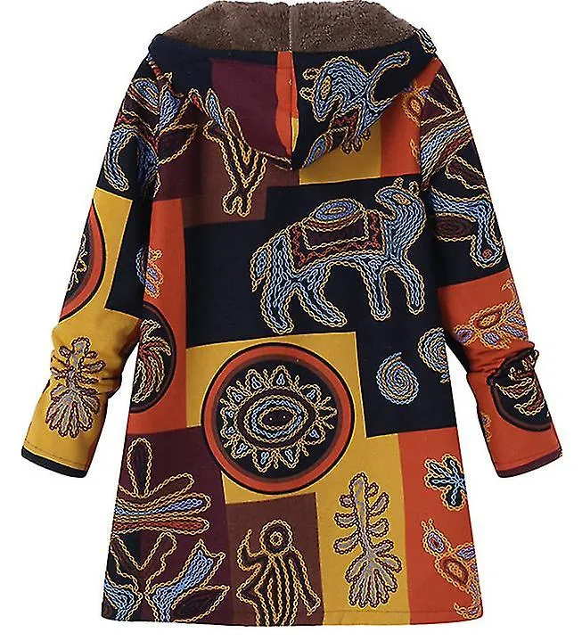 Otoño E Invierno Algodón Lino Abrigo Damas Retro Cálido Bolsillos impresos Grueso Cremallera Chaqueta con capucha