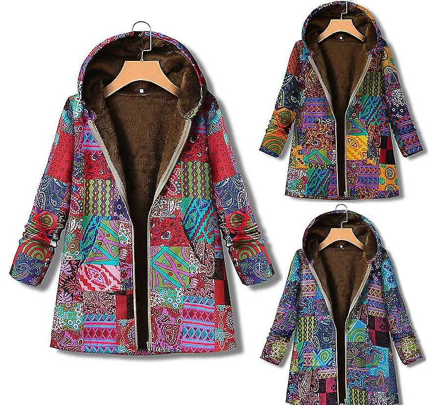 Otoño E Invierno Algodón Lino Abrigo Damas Retro Cálido Bolsillos impresos Grueso Cremallera Chaqueta con capucha