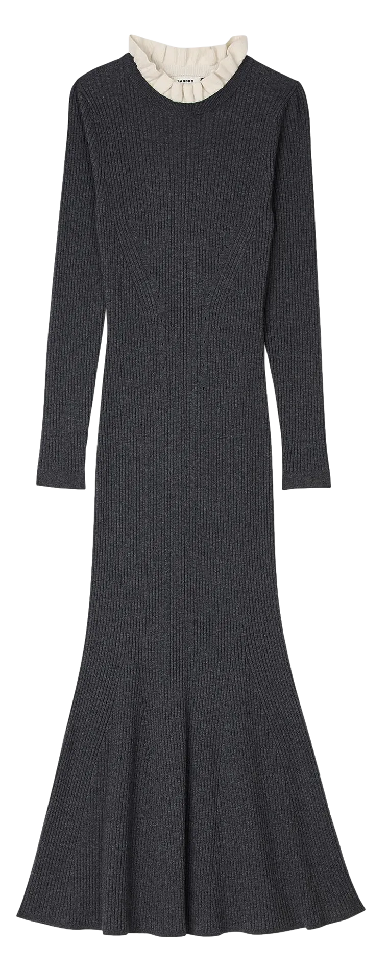 SANDRO Vestido largo con cuello con volantes en gris