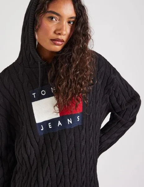 Vestido negro de punto trenzado con capucha Tommy Jeans