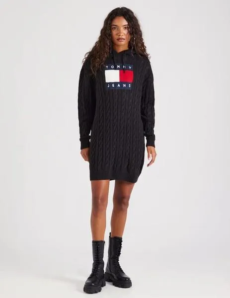 Vestido negro de punto trenzado con capucha Tommy Jeans