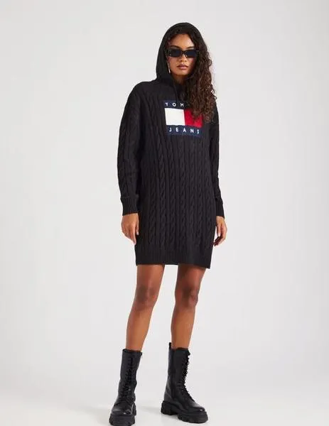 Vestido negro de punto trenzado con capucha Tommy Jeans